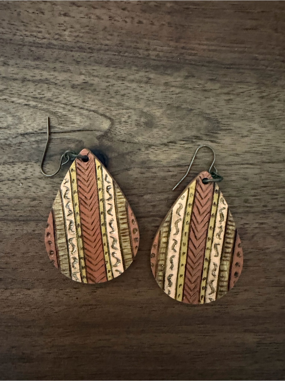 Handcrafted Teardrop Wooden Stripe Earrings